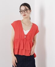 シャーリング楊柳ティアードフリルブラウス