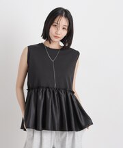 サテンペプラム異素材コンビノースリーブカットトップス