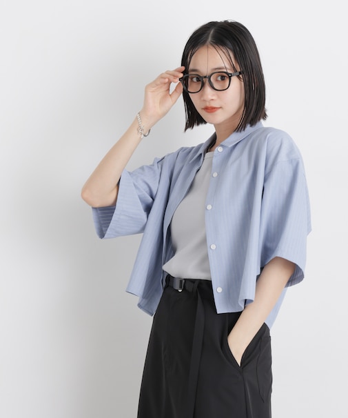 ドビーストライプクロップド半袖シャツ(セットアップ可)