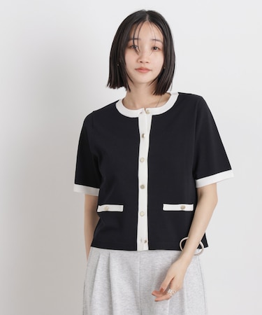 バイカラー金ボタンクルーネック半袖ニットカーディガン