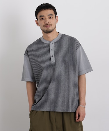 オーバーダイジャガードストライプヘンリーTシャツ 半袖