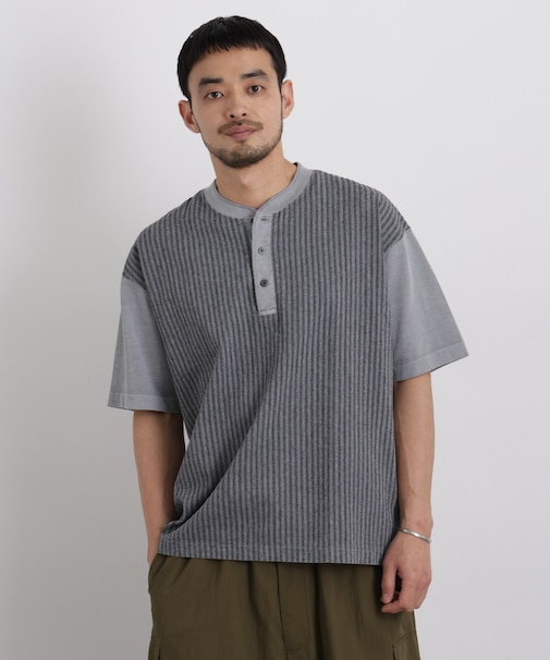 オーバーダイジャガードストライプヘンリーTシャツ 半袖