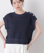 テープヤーンショルダーボタンデザインニットベスト
