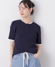 多機能素材 バイカラーヘンリーネックニットトップス