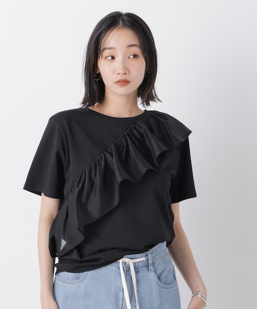 アシンメトリーフリル異素材コンビTシャツ