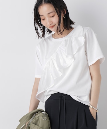 アシンメトリーフリル異素材コンビTシャツ
