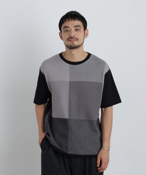 切替チェックニットTシャツ 半袖