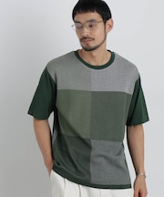 切替チェックニットTシャツ 半袖