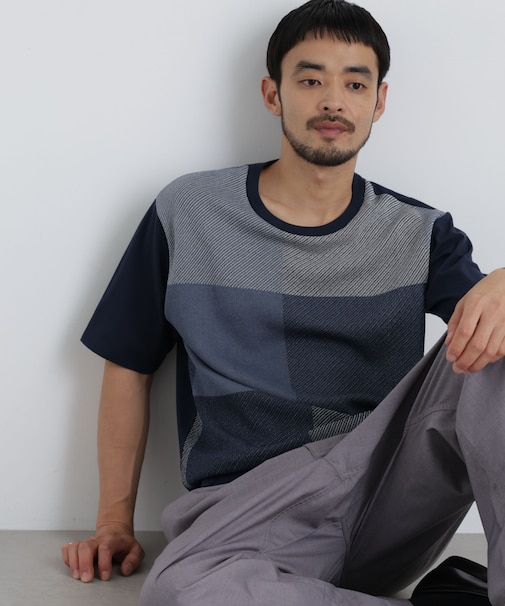切替チェックニットTシャツ 半袖
