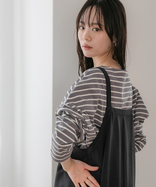 WEB限定/ボーダーワイドドロップトップス