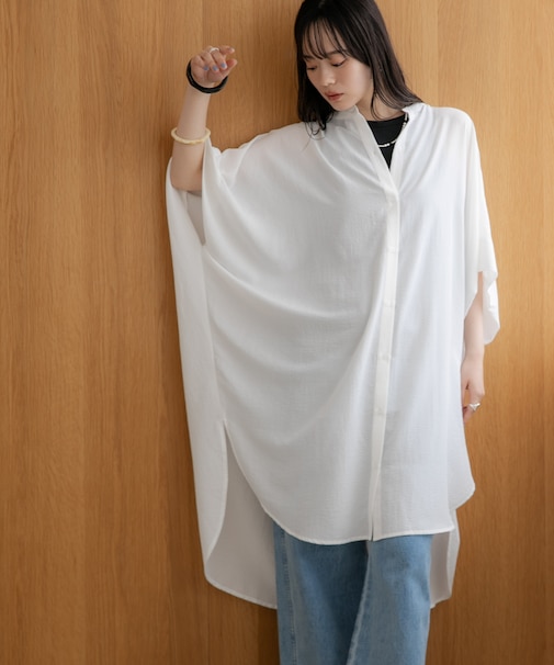 WEB限定／多機能素材 バンドカラーワイドチュニックシャツワンピース