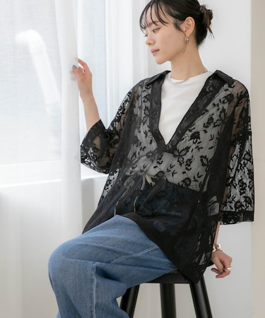 WEB限定/フラワーレーススキッパープルオーバーシャツ