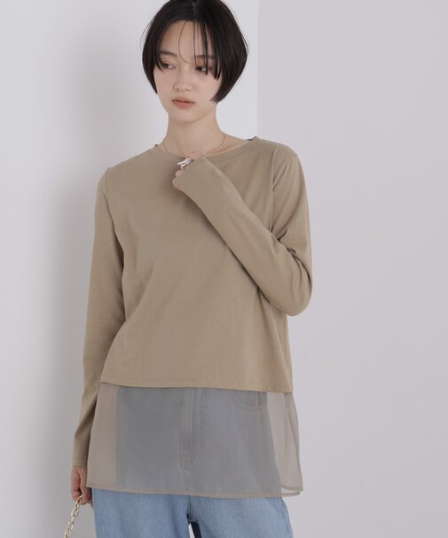 オーガンジーヘム切り替えロングスリーブTシャツ