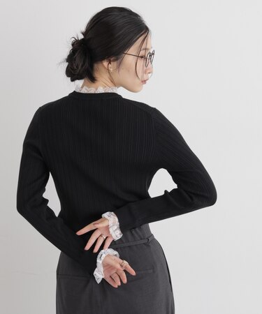 CICA&UVカット加工レースフリル付きリブニット