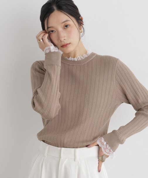 CICA&UVカット加工レースフリル付きリブニット