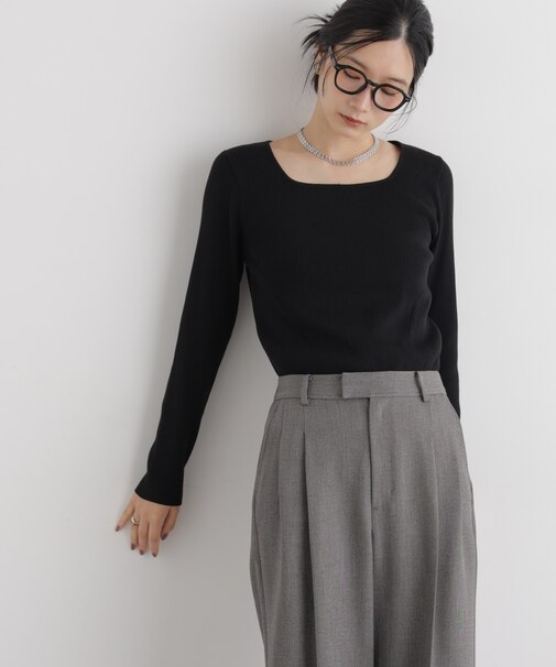 CICA&UVカット加工スクエアネックリブニット