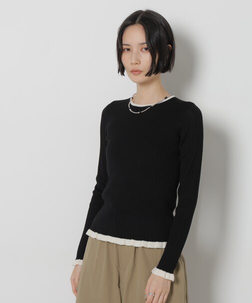 毛玉レスニット バイカラーフリルリブニット