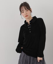 カットベロアドットボタンポロ衿トップス(セットアップ可)