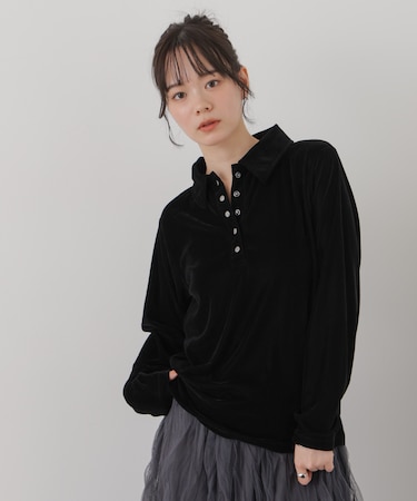 カットベロアドットボタンポロ衿トップス(セットアップ可)