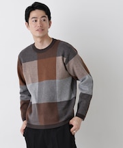 ブロックチェッククルーネックニット