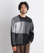 ブロックチェッククルーネックニット