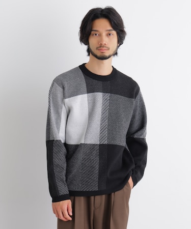 ブロックチェッククルーネックニット