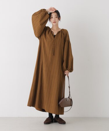フィブリルストライプボリュームスリーブスキッパーワンピース
