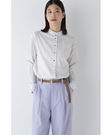 ◆スタンドフリルストライプブラウス