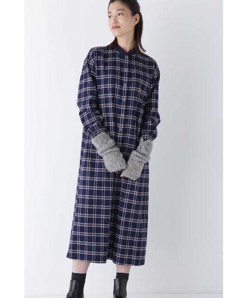 ◆コットン起毛チェックリブカラーシャツワンピース