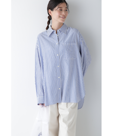 ◆オーガニックコットン混ストライプオーバーシャツ