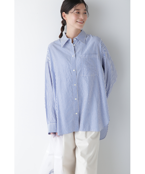 ◆オーガニックコットン混ストライプオーバーシャツ