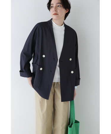 ◆ナイロンポリエステルストレッチストライプノーカラーPコート