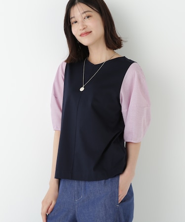 ◆シアーストライプドッキングＶネックカットソープルオーバー