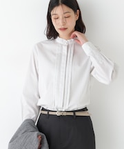 ◆先染めストライプスタンドフリルブラウス