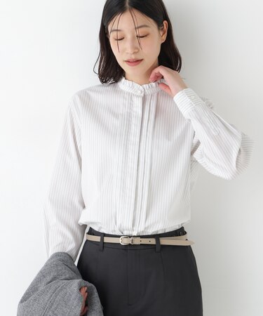 ◆先染めストライプスタンドフリルブラウス