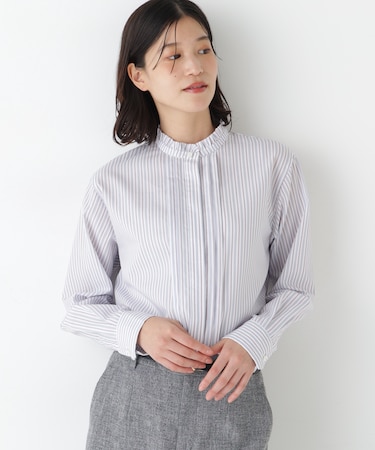 ◆先染めストライプスタンドフリルブラウス