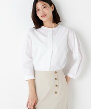 ◆綿ポリエステル先染ノーカラーブラウス