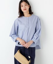 ◆綿ポリエステル先染ノーカラーブラウス