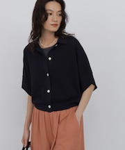 麻混ワッフル柄ポロカーディガン