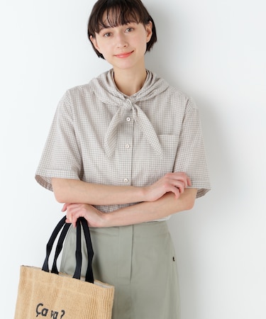 麻混チェック三角巾シャツ