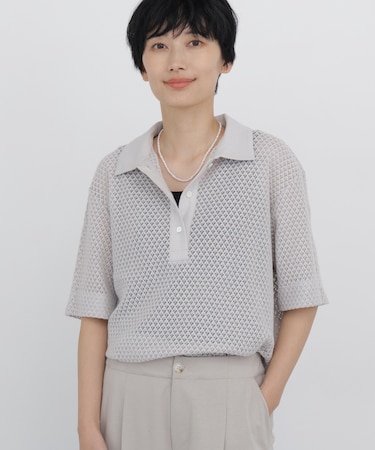 ◆リーフ格子レース ポロTシャツ