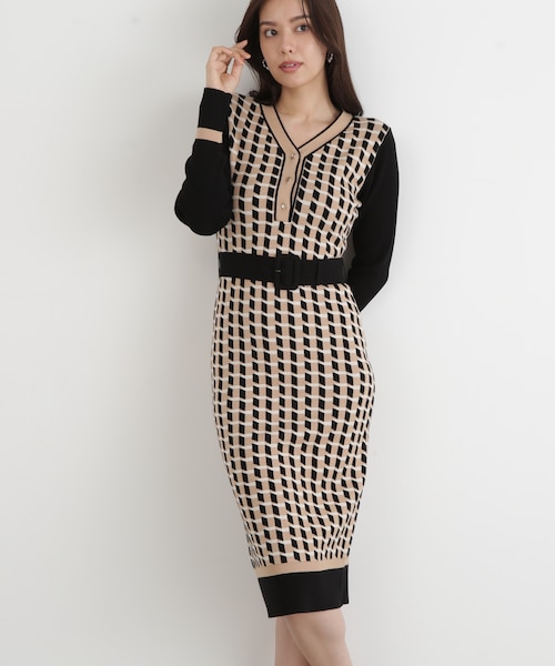 新品 ピンキー&ダイアン ジオメトリックボーダーレースワンピース カーキ 38 ◇ジオメトリックジャガードニットワンピース｜ピンキーアンド