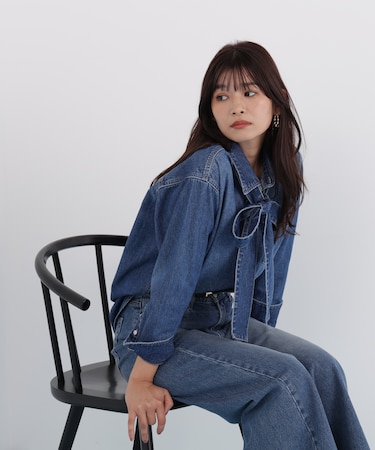 ネックリボンデニムシャツ