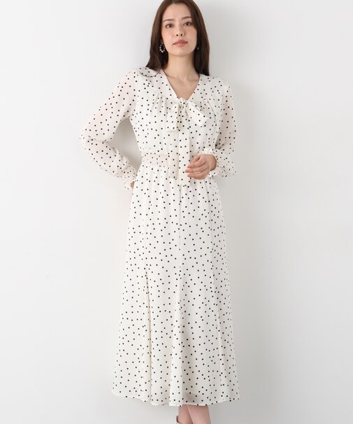 ドットプリントリボンワンピース