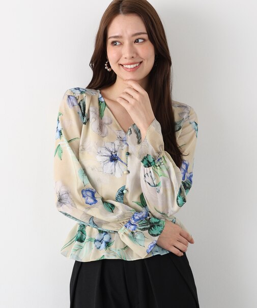 ボタニカルアートプリントブラウス