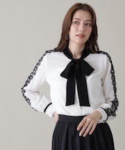 レースコンビバイカラーリボンブラウス