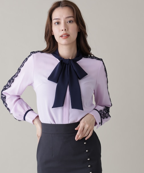 レースコンビバイカラーリボンブラウス