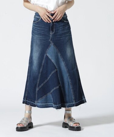 《直営店限定》 REMAKE STRETCH DENIM NAVY SKIRT／ リメイクストレッチデニムスカート