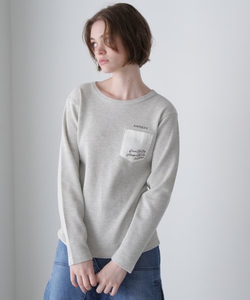 LS COLOR STITCH EMB WAFFLE T-SHIRT／カラーステッチ刺繍ワッフルTシ