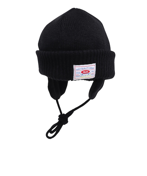 ニット帽 EAR MAFF ニットキャップ ビーニー SL23FW-HAT003BLK フリーサイズ 紐付き 耳当て付き 黒